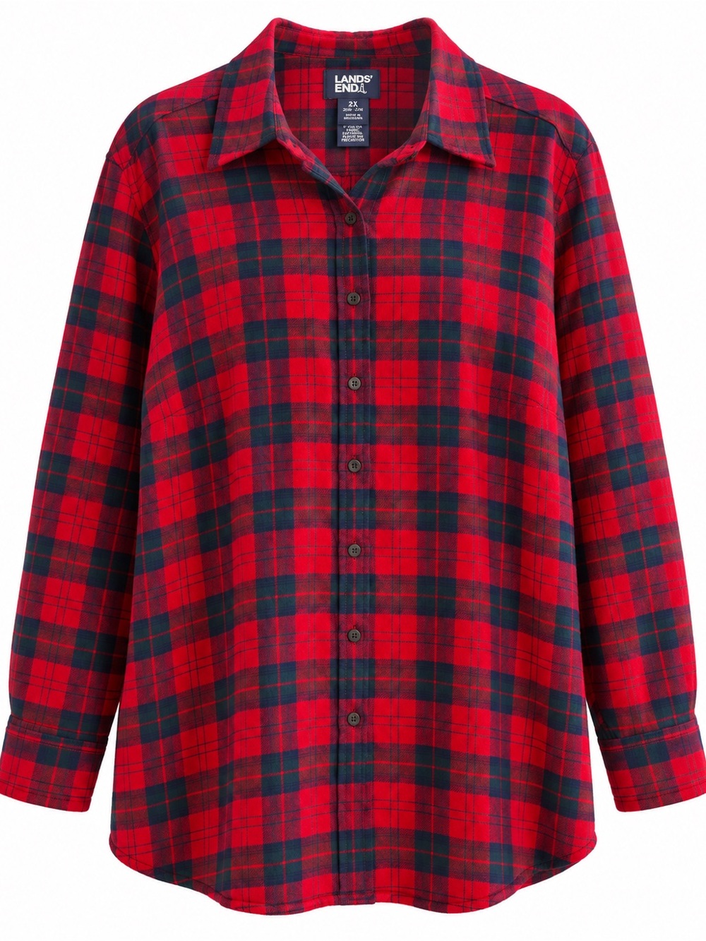Lands' End Flannel Boyfriend Shirt Rich Red Tartan 2X 20W-22W